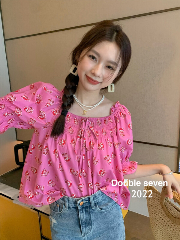 [double seven] Korean flower printed off shoulder shirt 28862\zxx