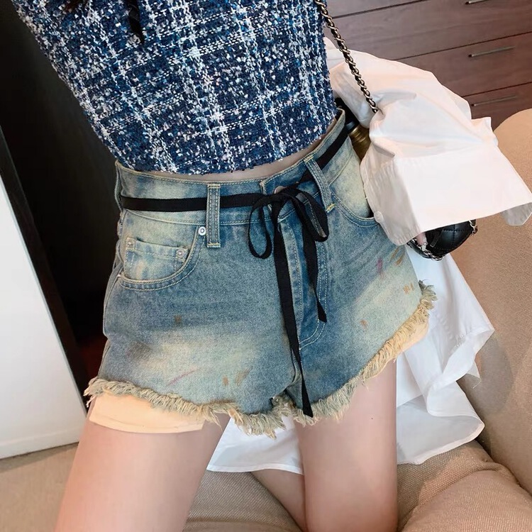 [x2 Vance feather] high waist skinny Spice Girl denim shorts (with waist rope) 10079\wtt