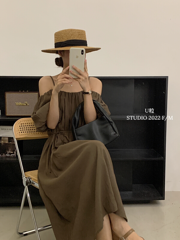 [U grain] holiday style sling loose dress (with waist rope) 6272\hbx