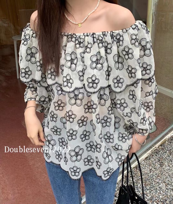 [double seven] fresh off shoulder flower temperament shirt 28978\zxx