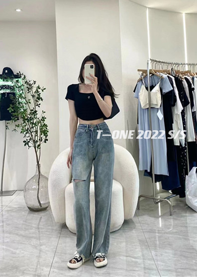 [t one] Vintage hole straight jeans 9188\lsl