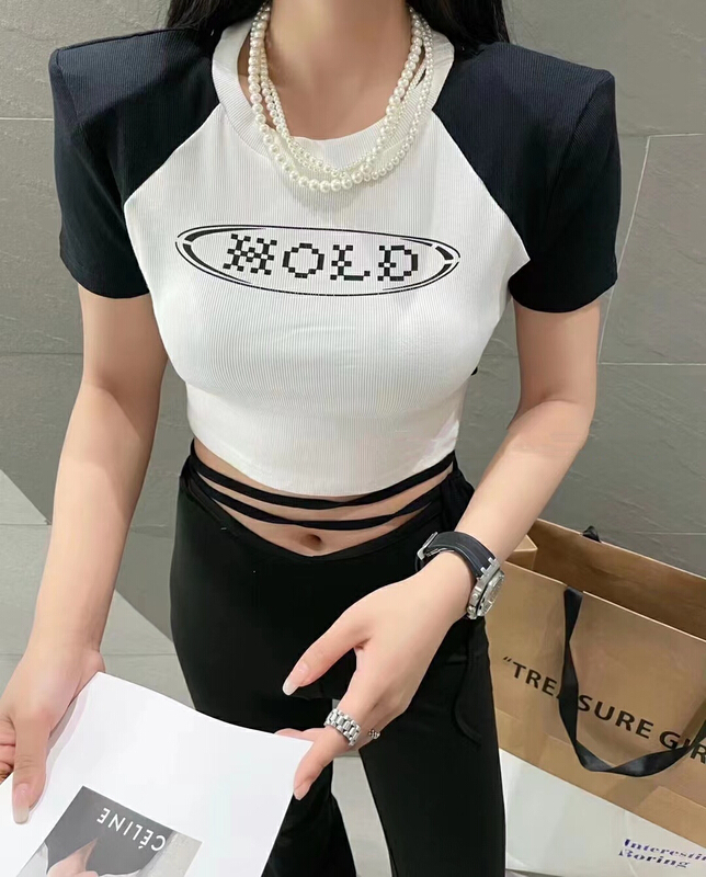[Fanfan] fashionable port style small shirt with belt tied at the back and color matching letters 0030\jj
