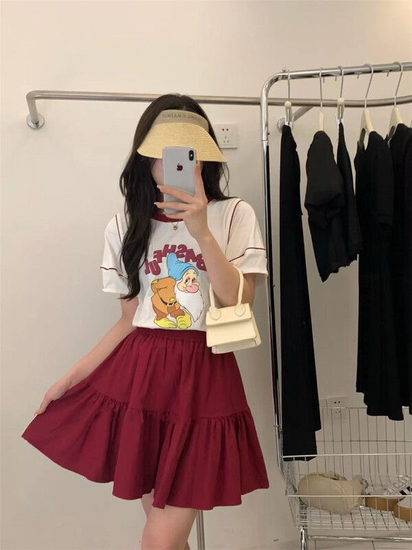 [Lina] contrast color edge cartoon printed short sleeve T-shirt + elastic waist sweet skirt set 9083\zxx