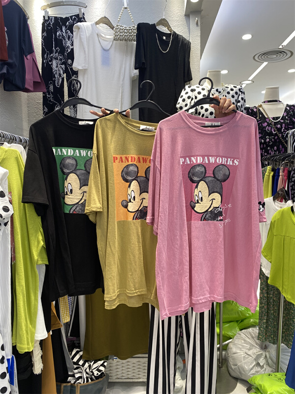 [al] cartoon Mickey print embroidery medium long loose short sleeve T-shirt 6629\wpl