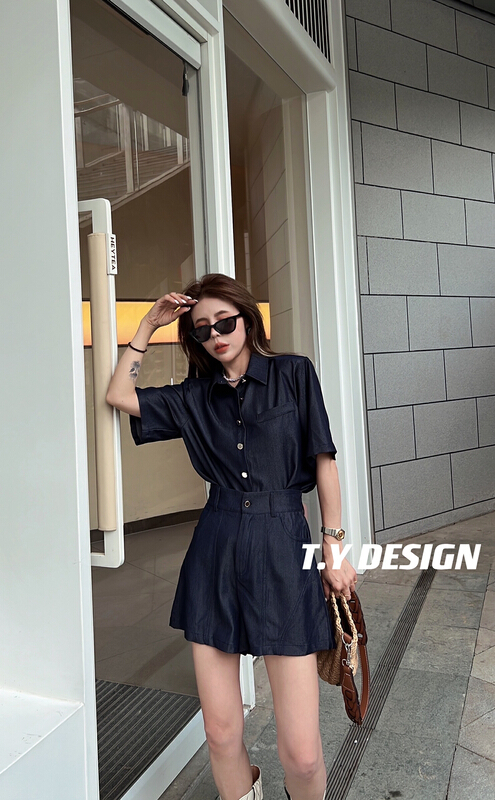 [T.Y tangyuanjia] Korean fashion denim Top + loose fashion Shorts Set 2113-1\ozq