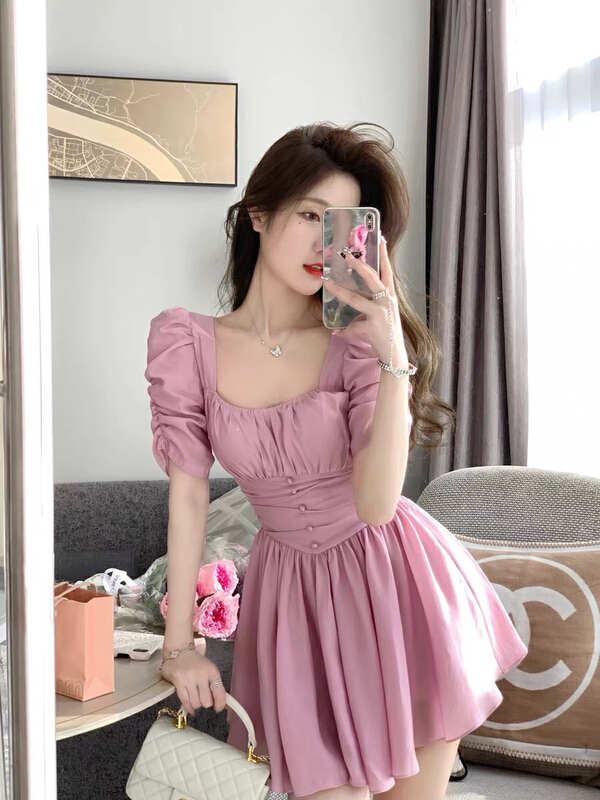 [x · h studio] pure waist square neck pleated Tencel short dress 1141\ozq