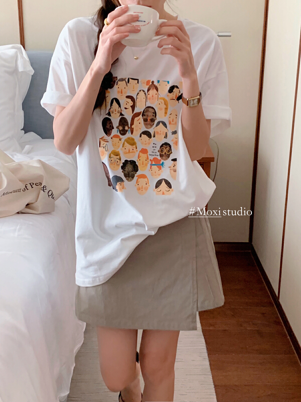 [Moxi] Korean loose head printed short sleeve T-shirt 1950\\xj