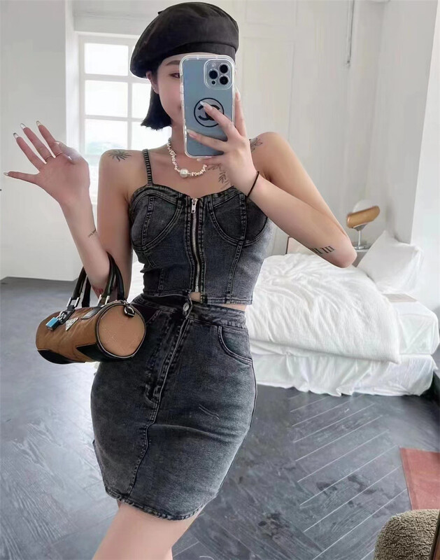 [x.xan] online hot girl slim suspender Vest + hip wrapped short denim skirt set 7829\pcz