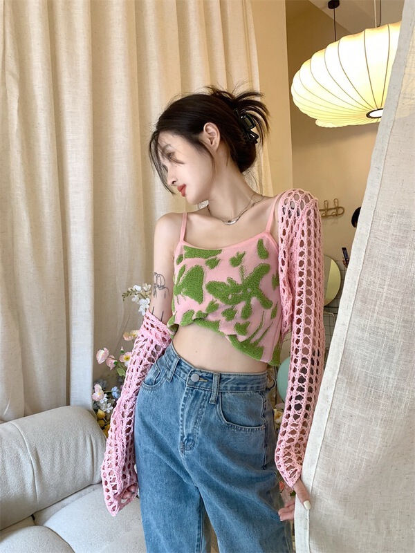 [Bingbing] little women's printed suspender Vest + hollow long sleeve knitted cardigan set ys1-8293\xyj