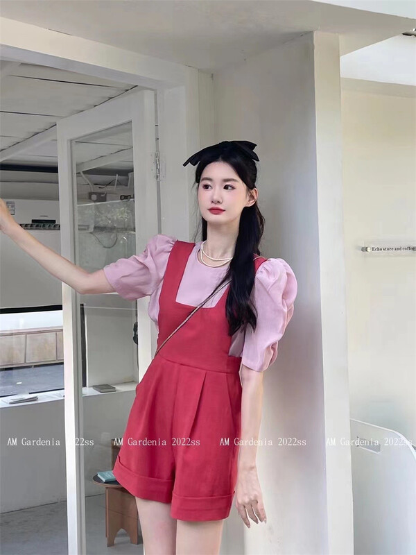 [am Gardenia] round neck versatile bubble sleeve blouse + age reducing suspender suit ys1-3625\zxx