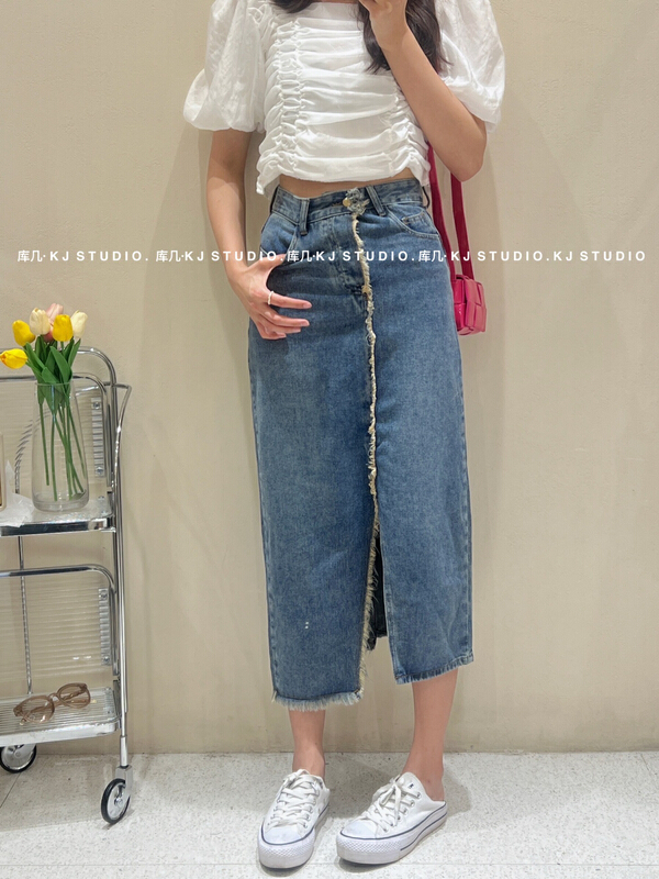 [kJ] fashion fur fringed irregular split denim skirt (only selling skirt) 2911\zxl