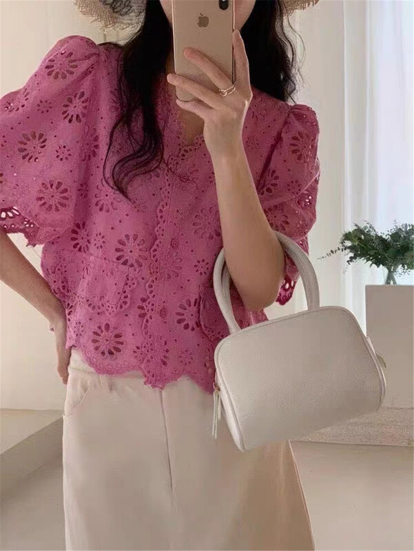 [MiuMiu] Korean lace edge V-neck short shirt 7841\zxx