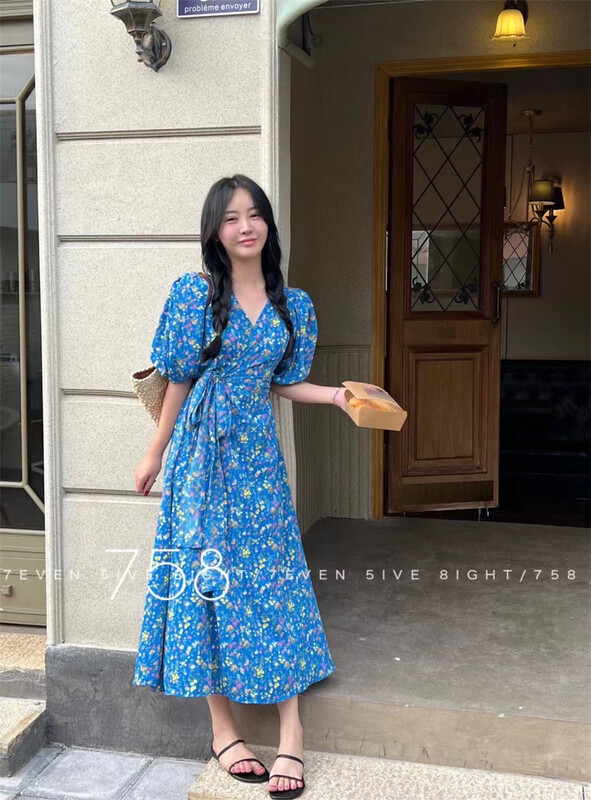 [7even5ive8eight] one piece V-neck floral dress 1888\hjy
