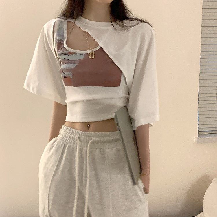 [fan fan] hot girl print suspender Vest + irregular short blouse two piece suit 220\jj
