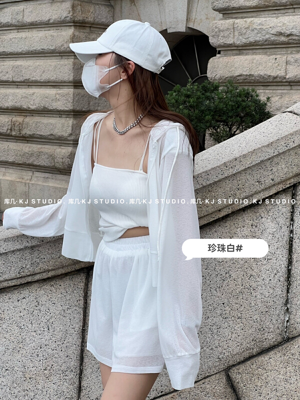 [kJ] Korean version simple cool hooded sunscreen shirt + elastic waist casual Shorts Set 3309\zxl