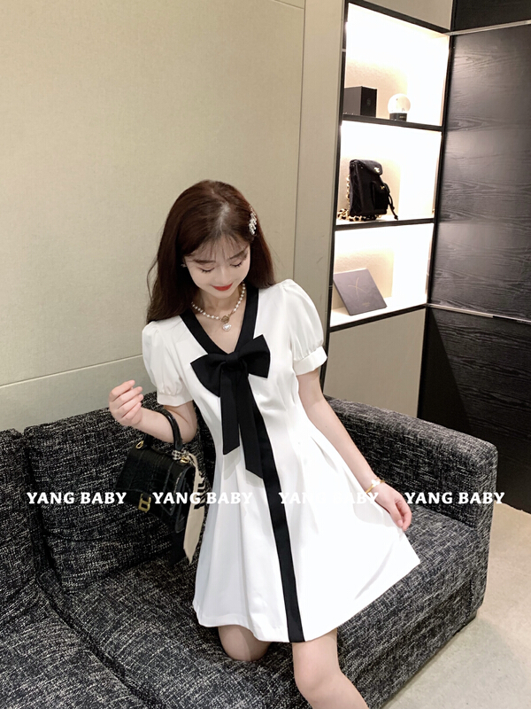 [Yang baby] bow tie bubble sleeve waist dress 93077\\cl