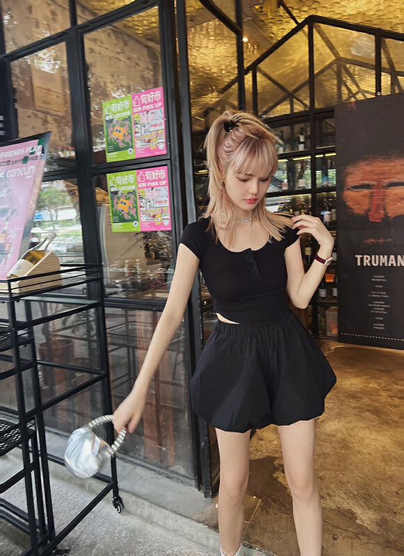 [Aimee] simple solid color large U-neck short sleeve T-shirt 9220\ozq