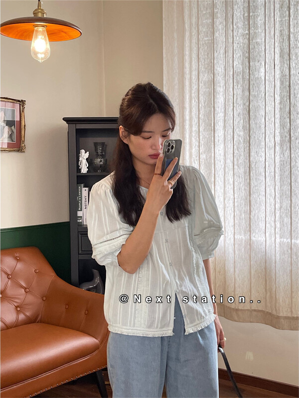 [next station] short sleeve button up Korean small shirt 22291\zjy