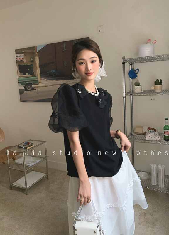 [Dajia] mesh bubble sleeve flower short sleeve T-shirt 22377\cls