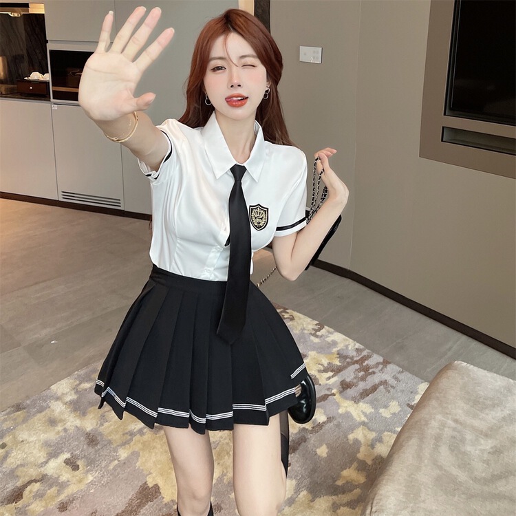 [Bingbing] color blocked niche shirt + pleated skirt suit (with tie) 8322\xyj
