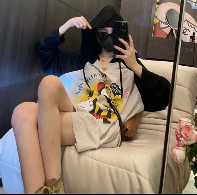 [1to3] color blocked hooded front and back cartoon printed casual sunscreen shirt 8136\lsw