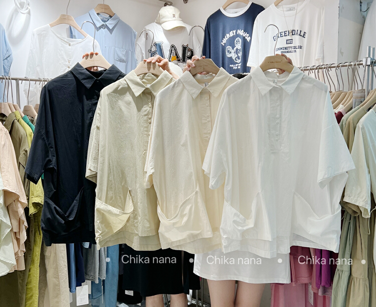 [chika.nana] single breasted comfortable loose polo collar Double Pocket Shirt 2239\jj