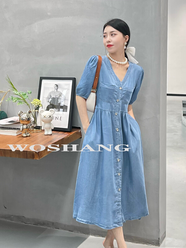 [woshang] V-neck bubble sleeve wash denim dress w1172\xyj