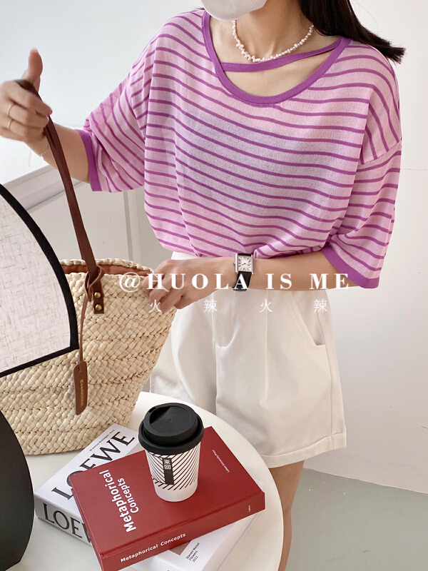 [hot Huola is me] contrast color aging Korean Casual Short Sleeve T-shirt 7631\cqw