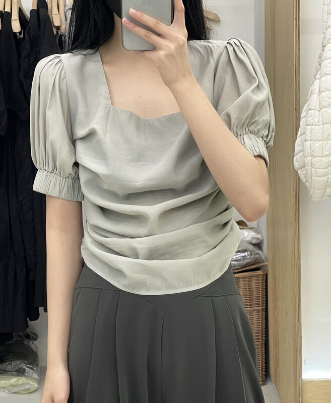[cottoncandy] French pleated Tencel square neck bubble sleeve short shirt 22s538\xj