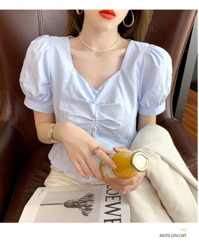  summer new square neck bubble Chiffon Short Sleeve Ruffle small shirt French shirt women's loose short top