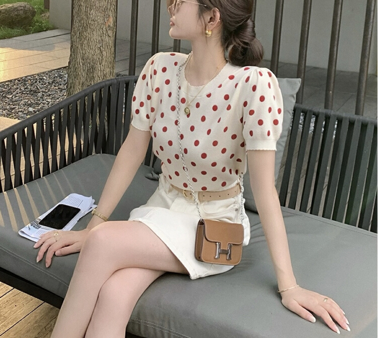 [f · P] foreign style round neck Polka Dot T-shirt 96117\hbx