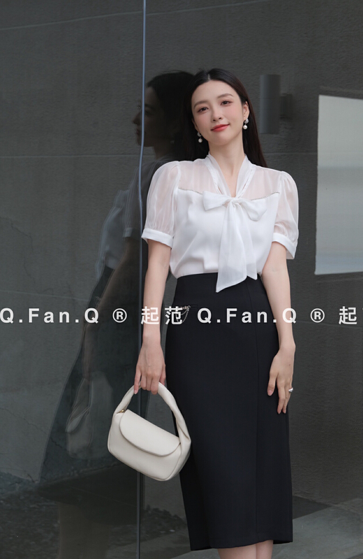[modeling] Satin patchwork Georgette characteristic patchwork drill chain shirt 80066\jj