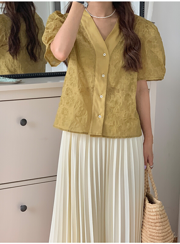 [the mind] Korean style V-neck embroidery unique thin solid shirt 60389\jhy