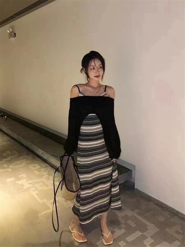 [Bingbing] striped suspender dress + design sense niche shirt set ys1-8299\xyj