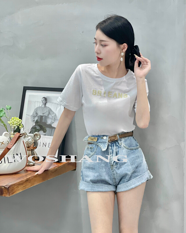 [woshang] letter printed round neck short sleeve T-shirt 1353\xyj