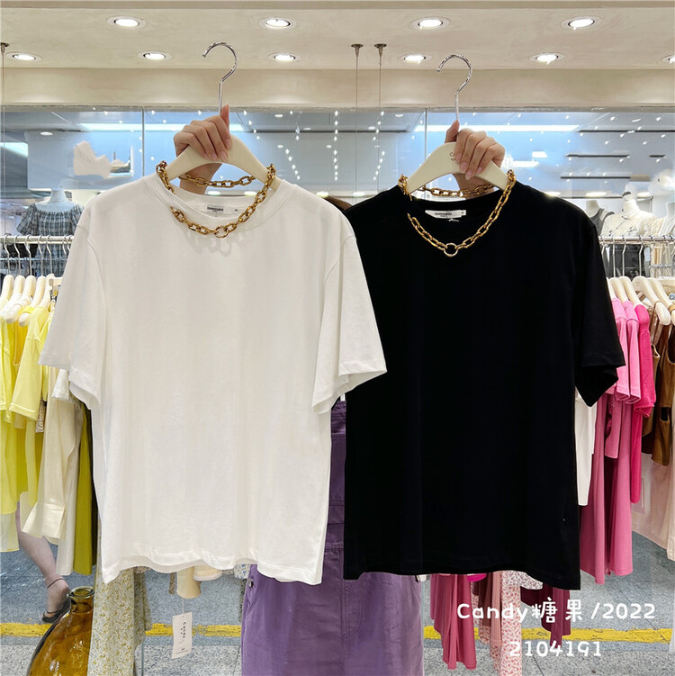 [candy] chain design loose short sleeve T-shirt (detachable with chain) 4191\zjy
