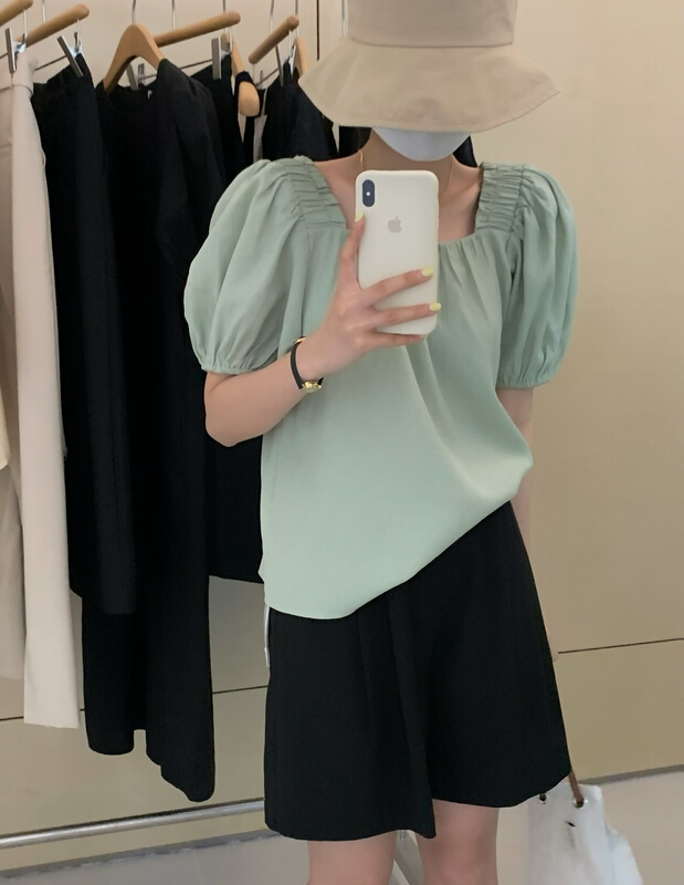 [wanna] Korean solid color loose bubble sleeve shirt 89180\zxl