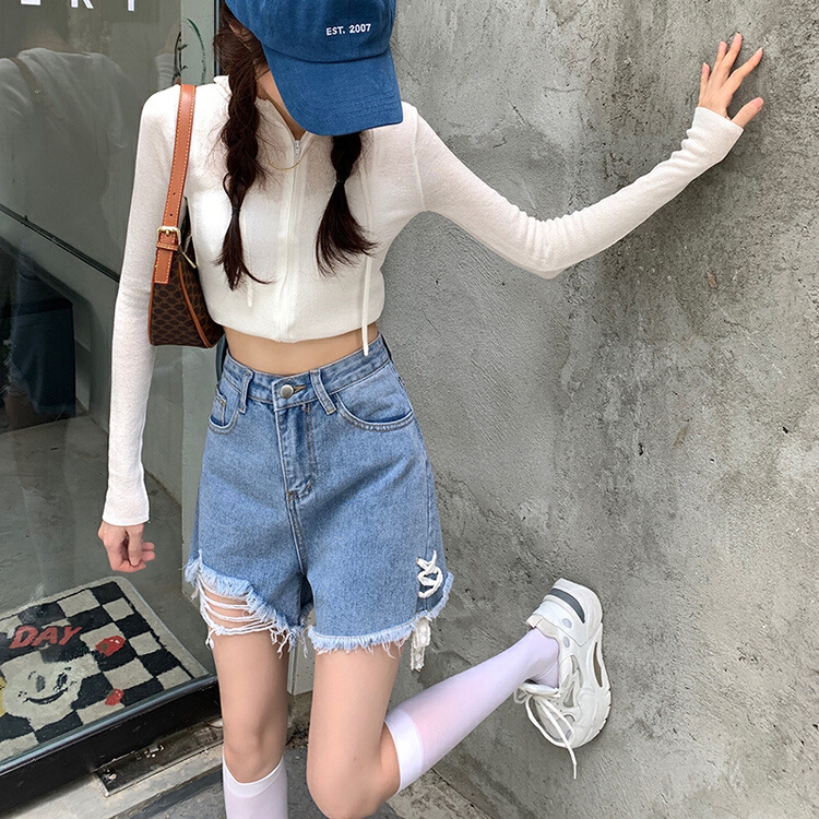 [ten. ten] Korean version ins loose and thin lace patchwork holes denim shorts 3574\wpl
