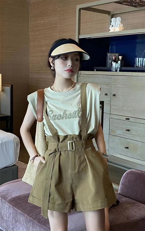 [al] simple casual letter short sleeve T-shirt + loose strap Pants Set (with belt) 6383\wpl