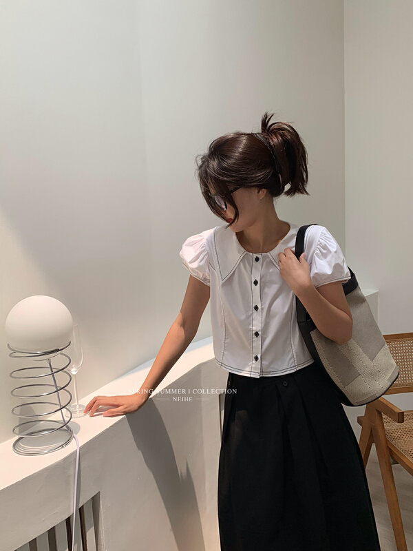 [neihe] single breasted color blocked bubble sleeve shirt 22335\zxx