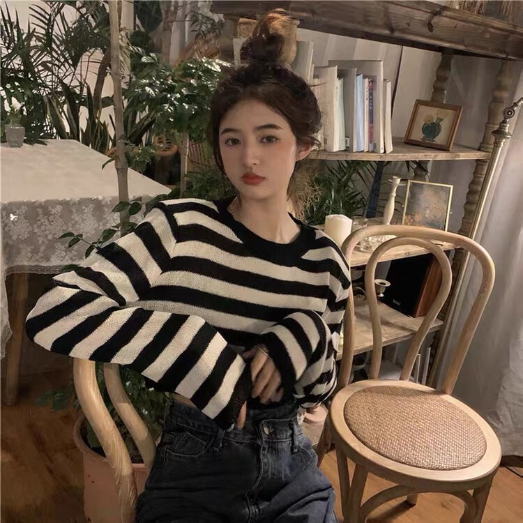 [d.ffstudio] simple casual striped hole needle sweater ys2-1176\wtt