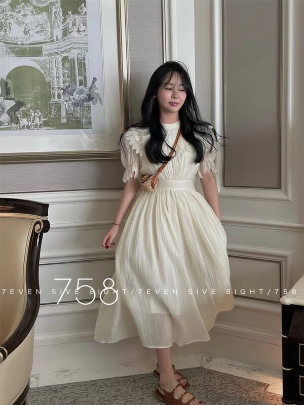 [7even5ive8eight] round neck high waist lady dress 1880\hjy