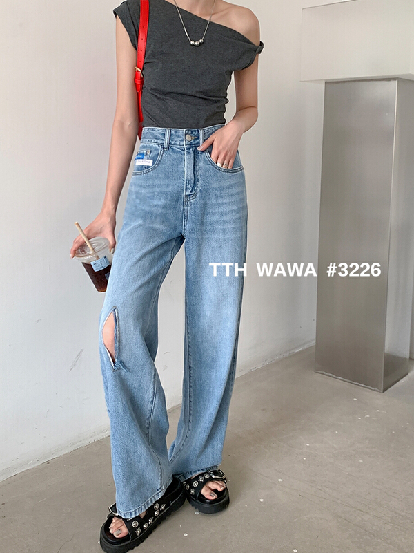 [Wawa] Korean version high waist vertical tube loose mop jeans 3226\ozq