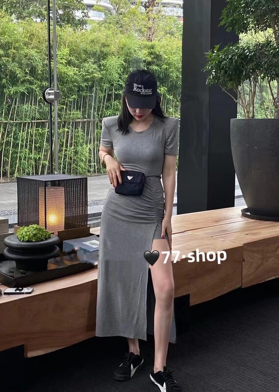 [77.shop] solid color split pleated short sleeve dress 9256\wtt