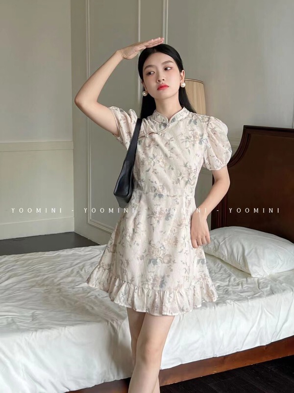 [AOT] gold silk retro flower cheongsam dress 5572\xyy