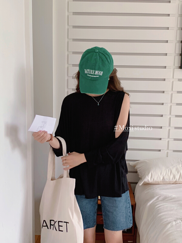 [Moxi] casual simple clean color versatile off the shoulder sunscreen shirt 6844\xj