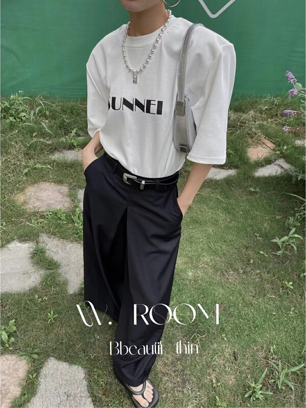 Casual shoulder pad lettered short sleeve T-shirt 1475\zxl