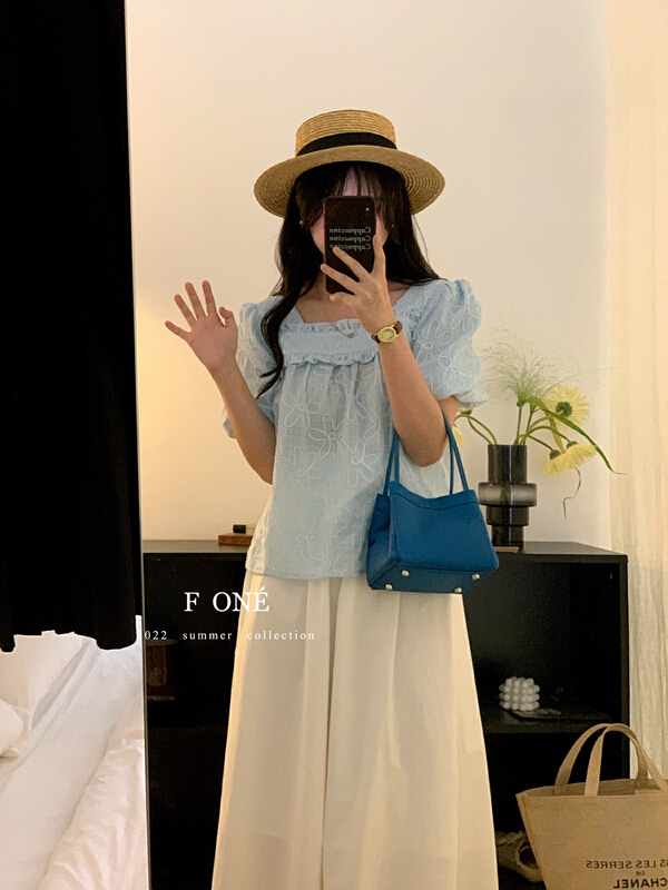 [f one] Korean version age reduced square neck bubble sleeve embroidered shirt 66238\wpl