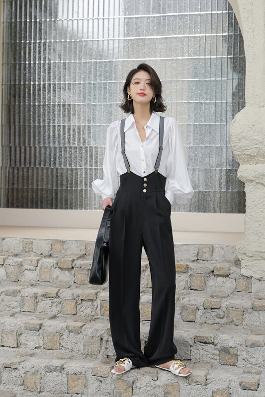 Original price 98.99! [Hanna including that] design feeling high waist, thin and wide back fashion straight tube strap pants (with strap) m3021\jhy