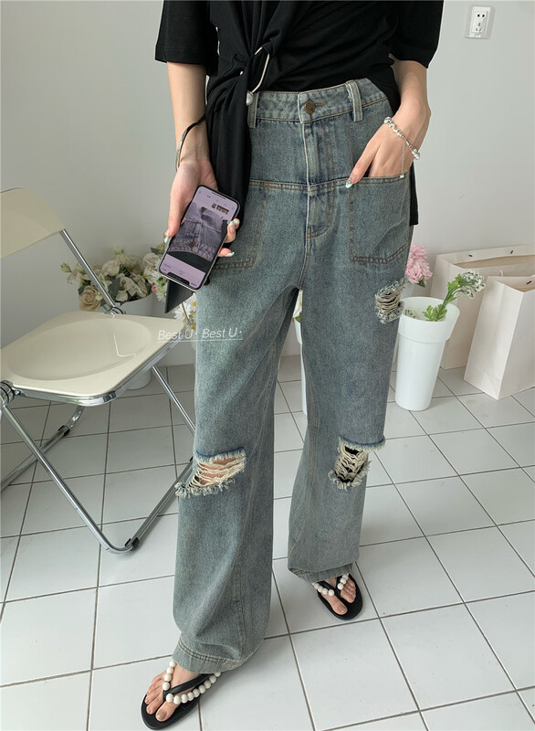 [best u] wide leg skinny jeans with holes 83390\lsw